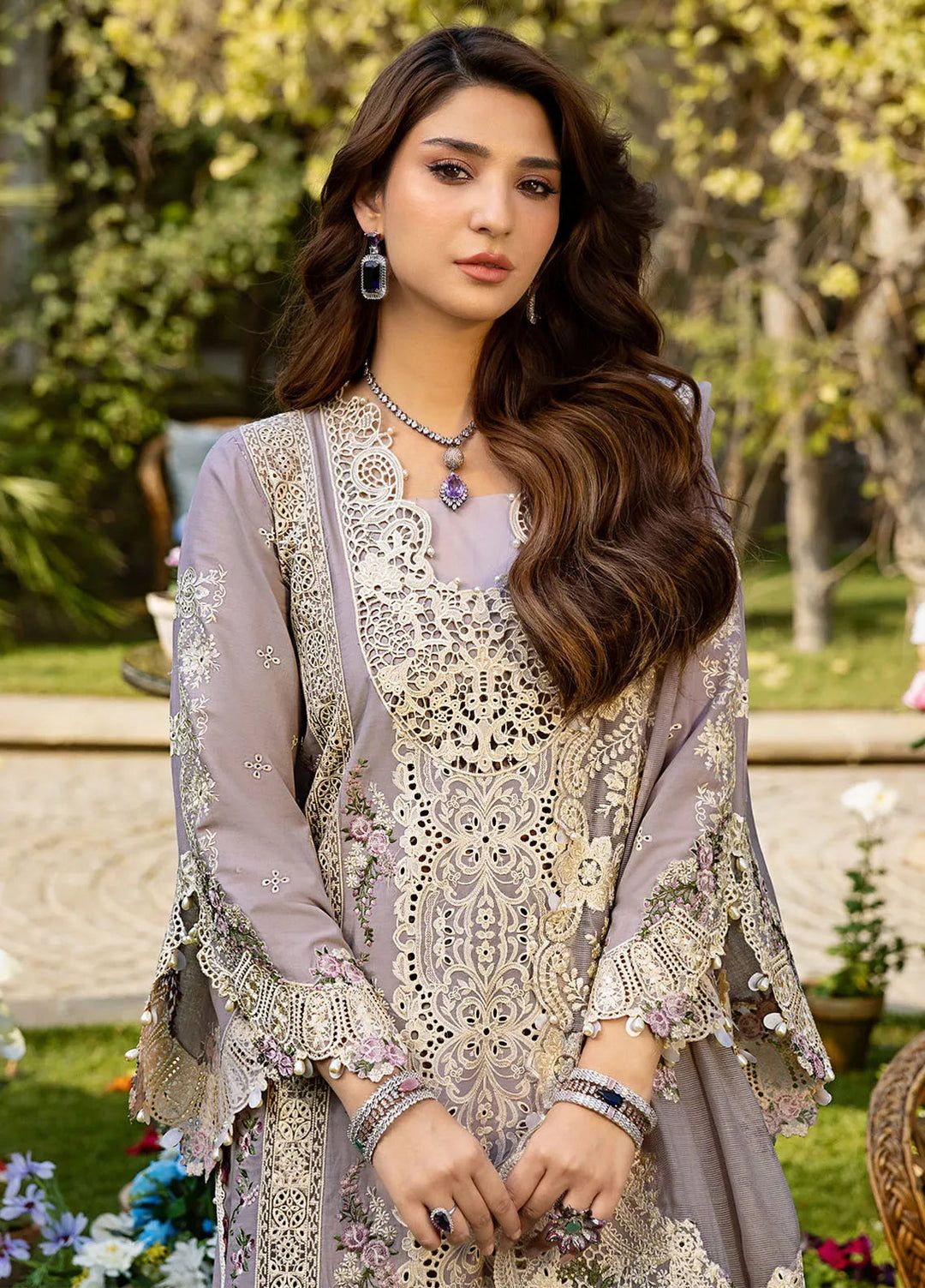 Luxury Lavender Chiffon/Lawn Suit - Heavy Floral Embroidery & Cutwork