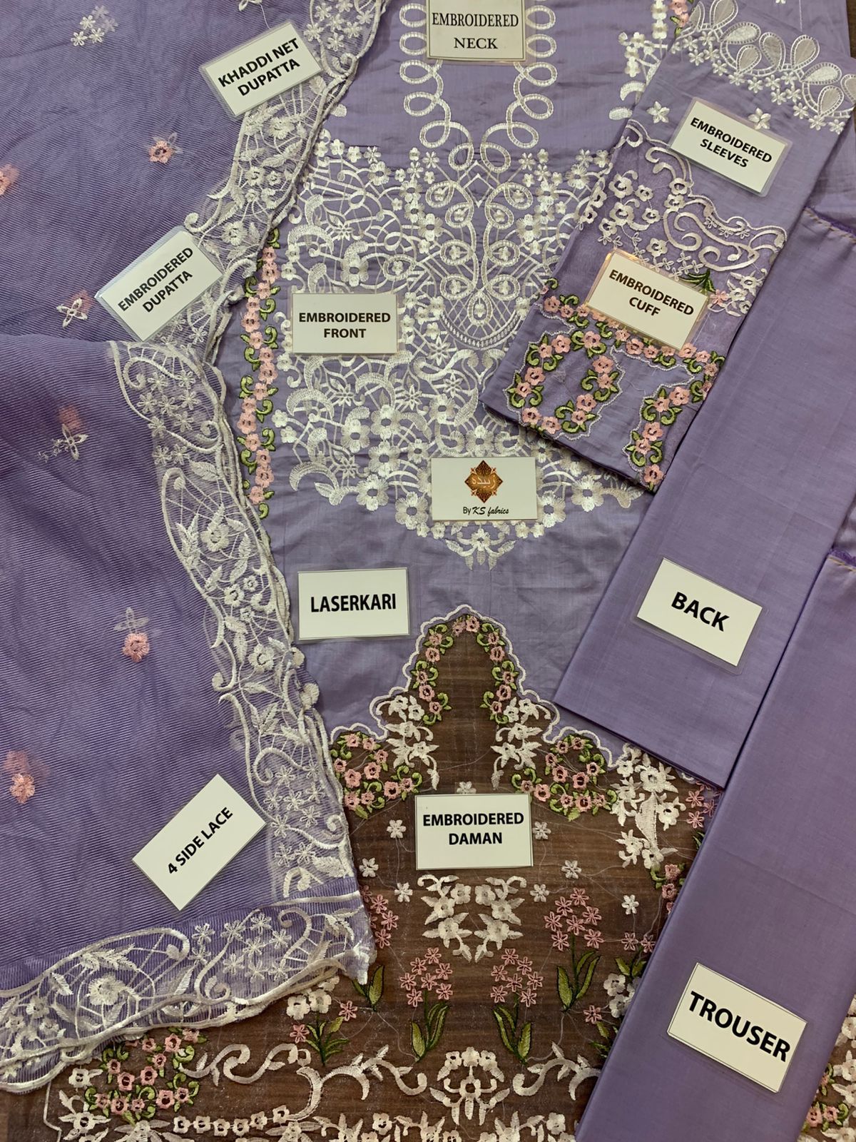 Royal Lavender Embroidered Festive Suit – Luxury Laser-Cut Lace Design