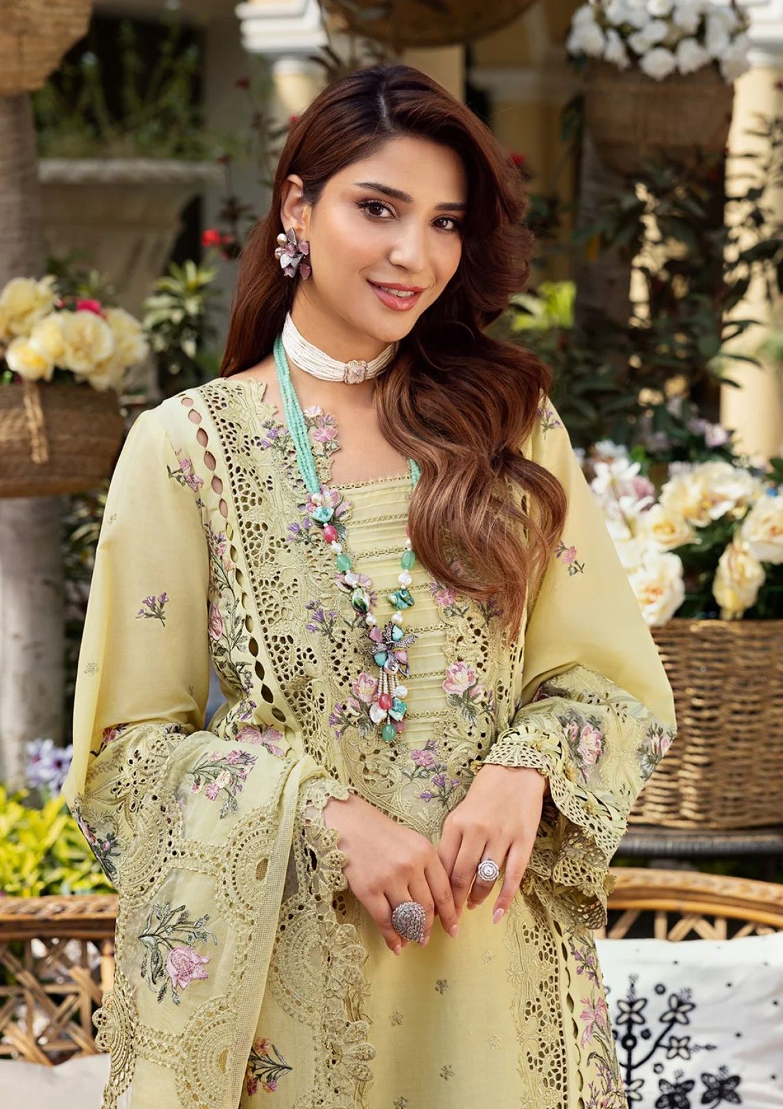Elegant 3-piece pistachio green unstitched suit for festive occasions.