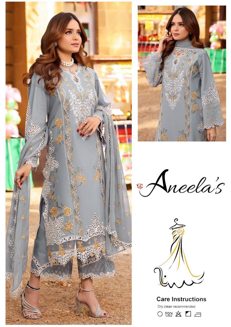 Elegant grey formal dress for women with high-quality floral threadwork.