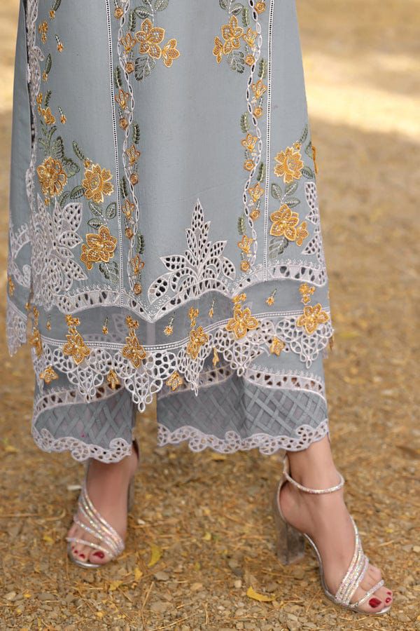 Beautiful grey Pakistani suit with intricate embroidery and matching dupatta.