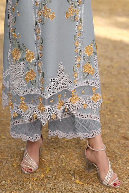Beautiful grey Pakistani suit with intricate embroidery and matching dupatta.