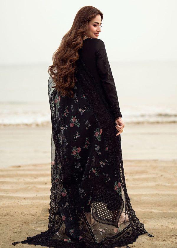 Stylish black unstitched 3-piece suit with a premium floral printed dupatta.