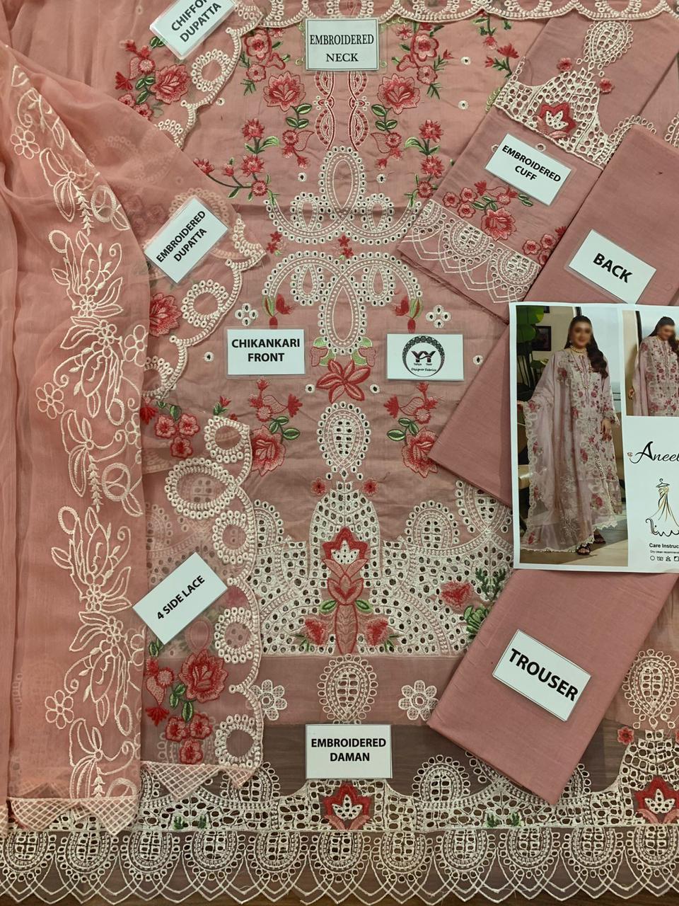 Front design of unstitched Pakistani peach suit for summer festivals.