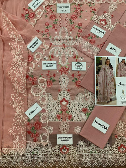 Front design of unstitched Pakistani peach suit for summer festivals.