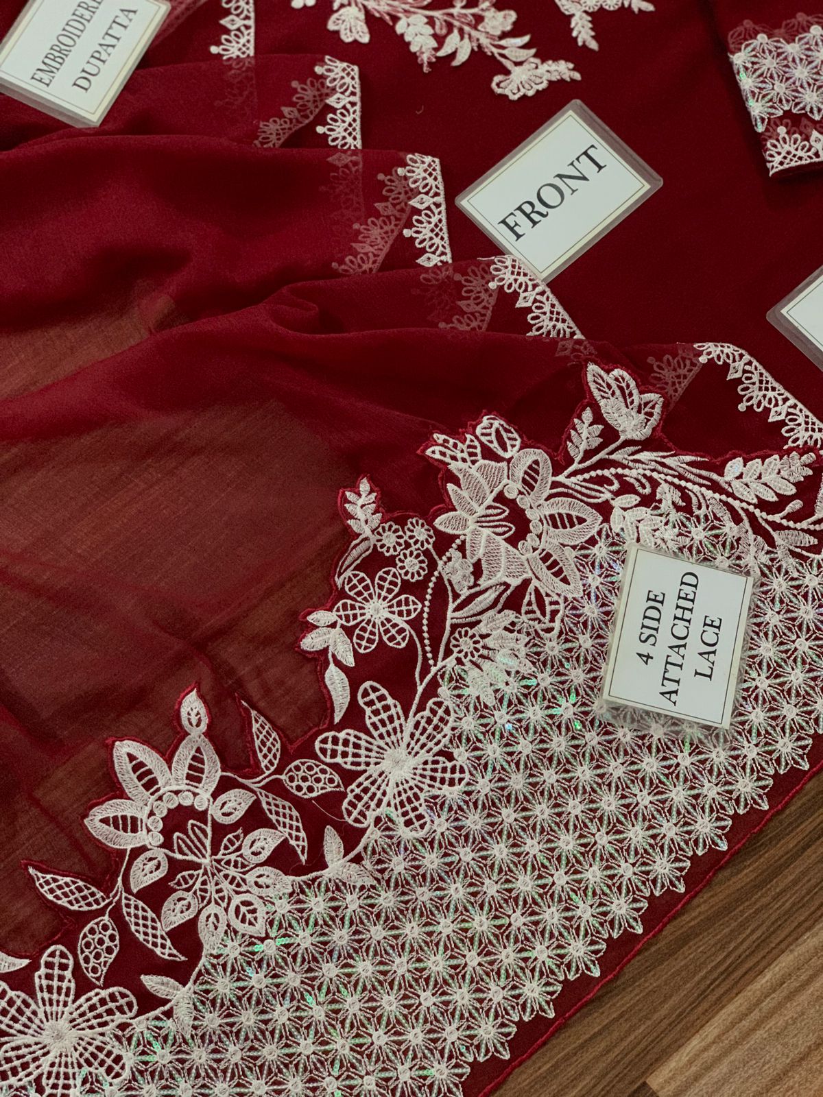 Elegant 3-piece maroon chiffon pakistani suit with embroidered dupatta.
