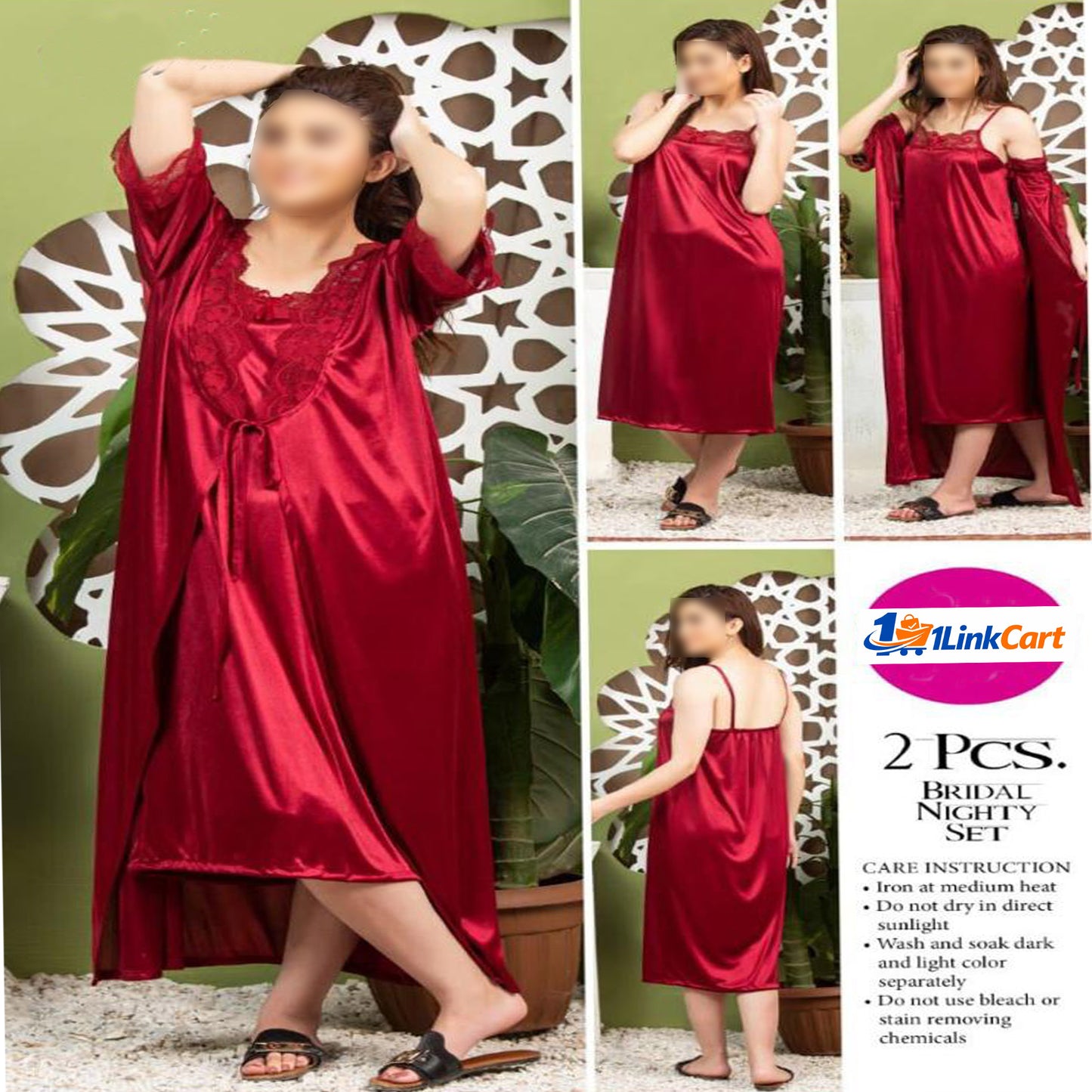 Women's 2 Piece Silk Jersey Nightwear Set Red Color Made in Pakistan