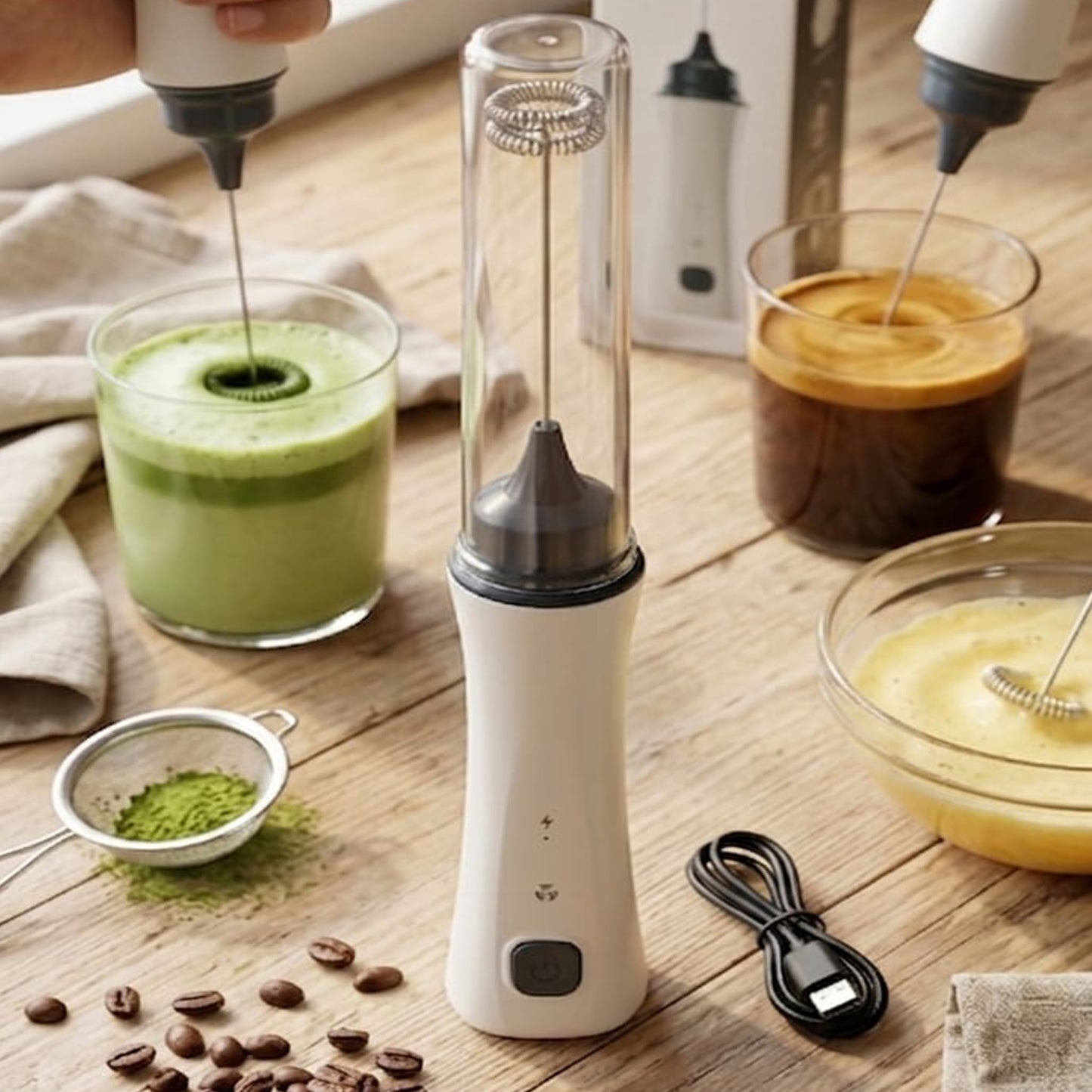 Rechargeable Electric Coffee Beater & Milk Frother – USB Type-C Fast Charging (Premium White)