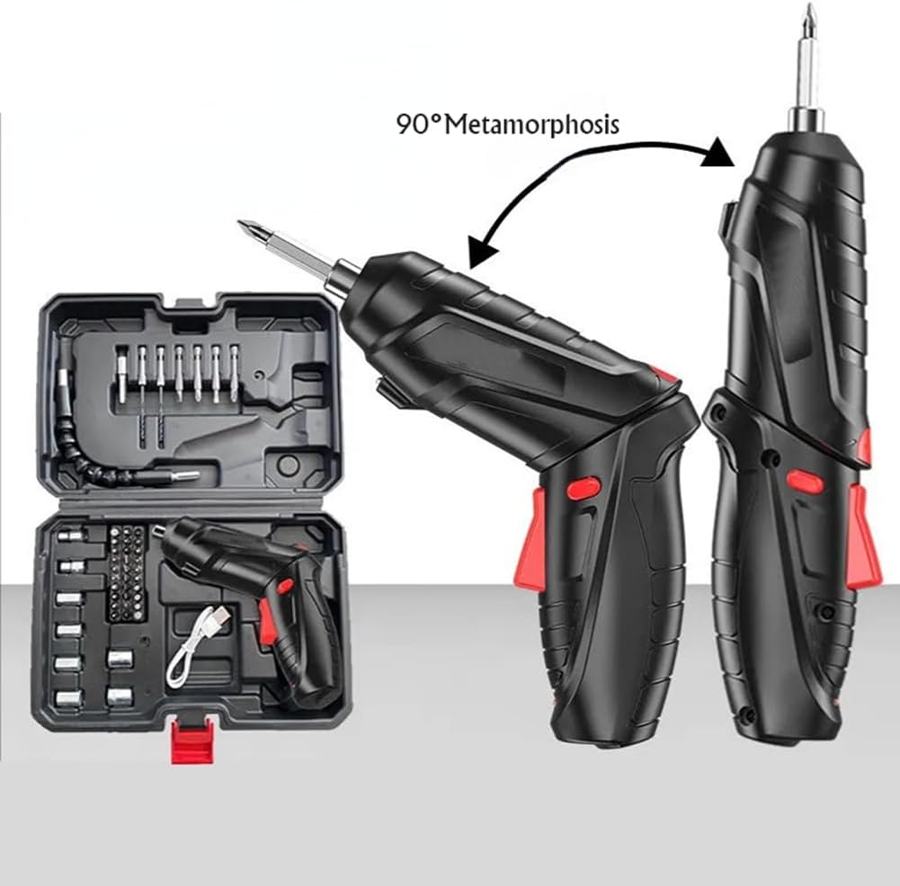A cordless screwdriver shown in three views: assembled, folded, and inside its open storage case. The image includes an arrow and the text '90°Metamorphosis' to illustrate the folding feature.