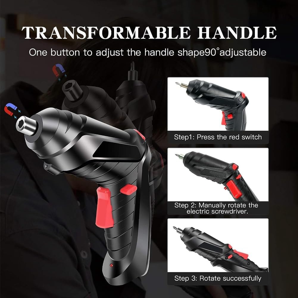 Transformable handle for an electric screwdriver with instructions on use.