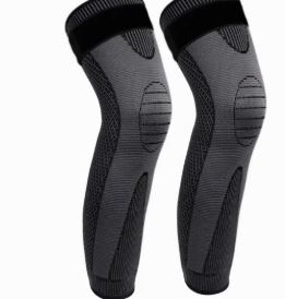 Pair of grey and black professional long compression knee sleeves for full leg support.
