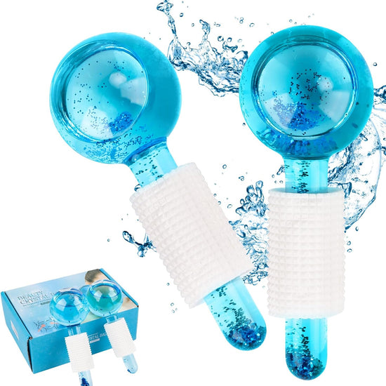 Pair of pink and blue crystal facial ice globes for cooling massage.