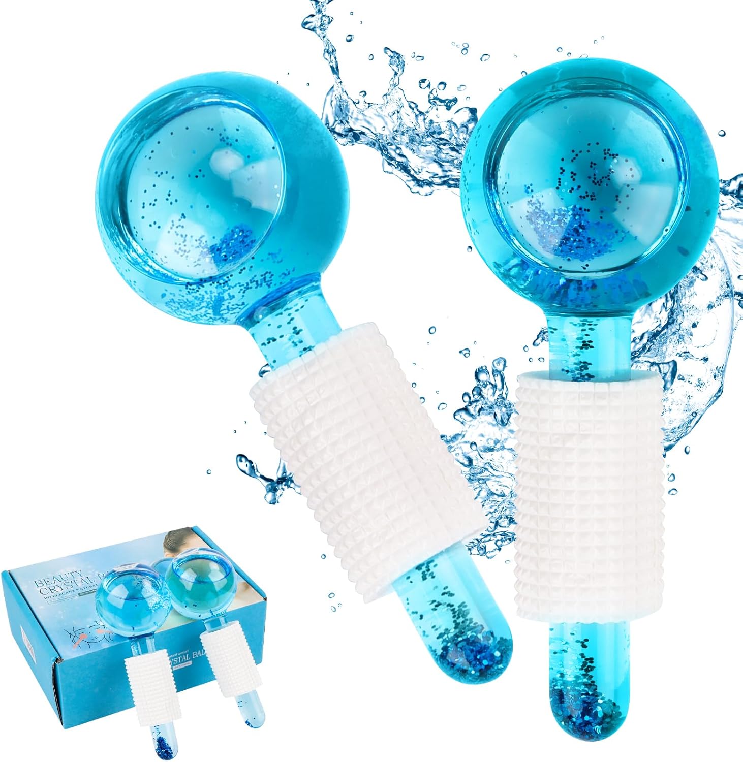 Pair of pink and blue crystal facial ice globes for cooling massage.