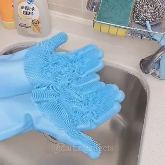 Waterproof Silicone Cleaning Gloves being used for Washing Dishes under Running Water