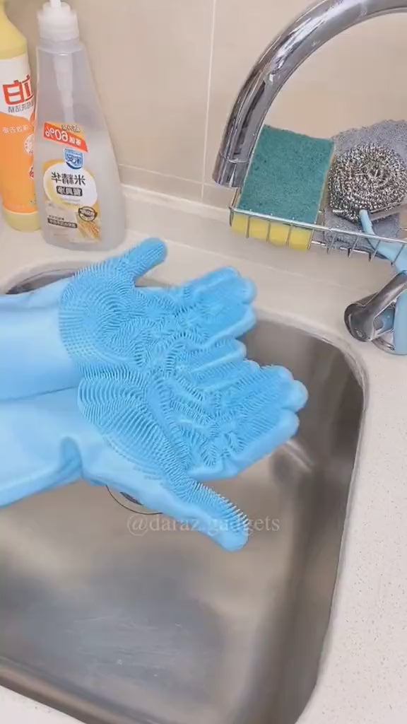 Waterproof Silicone Cleaning Gloves being used for Washing Dishes under Running Water