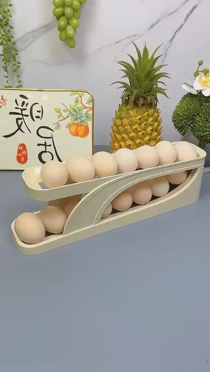 Automatic Rolling Egg Dispenser - 2-Tier Gravity Slide Egg Storage Organizer for Refrigerator, Space-Saving Egg Tray for Kitchen (Cream/White)