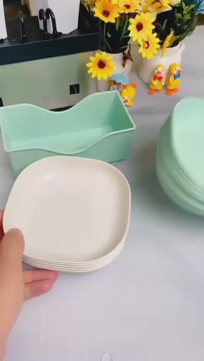 10-Piece Pastel Snack Plate Set with Storage Stand - BPA-Free Plastic Serving Trays for Fruits, Nuts, and Desserts
