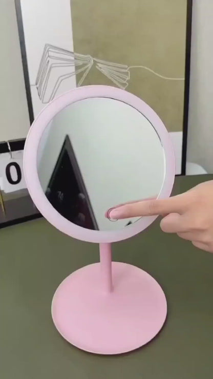 LED Makeup Mirror with Touch Screen Dimming 90° Swivel Vanity Mirror with Storage Tray | Portable Tabletop Stand for Makeup & Skincare (Pink/White)