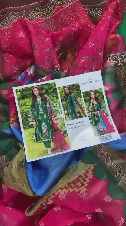 Elevate your festive wardrobe with this stunning Sadaf Fawad Luxury Lawn 3-piece unstitched suit. Combining traditional craftsmanship with a vibrant modern palette, this ensemble is designed to keep you cool and stylish throughout the Eid festivities.
Ke