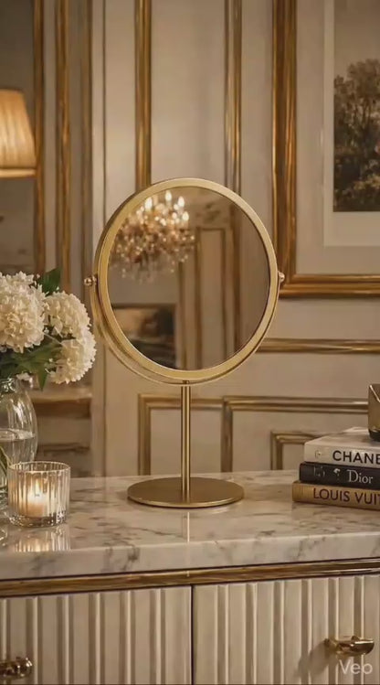 Royal Glow 360° Rotating Golden Metal Vanity Mirror – Premium Tabletop Decor