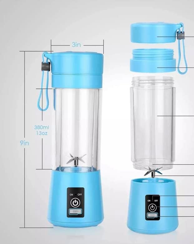 Blue portable blender with measurements on a gray background
