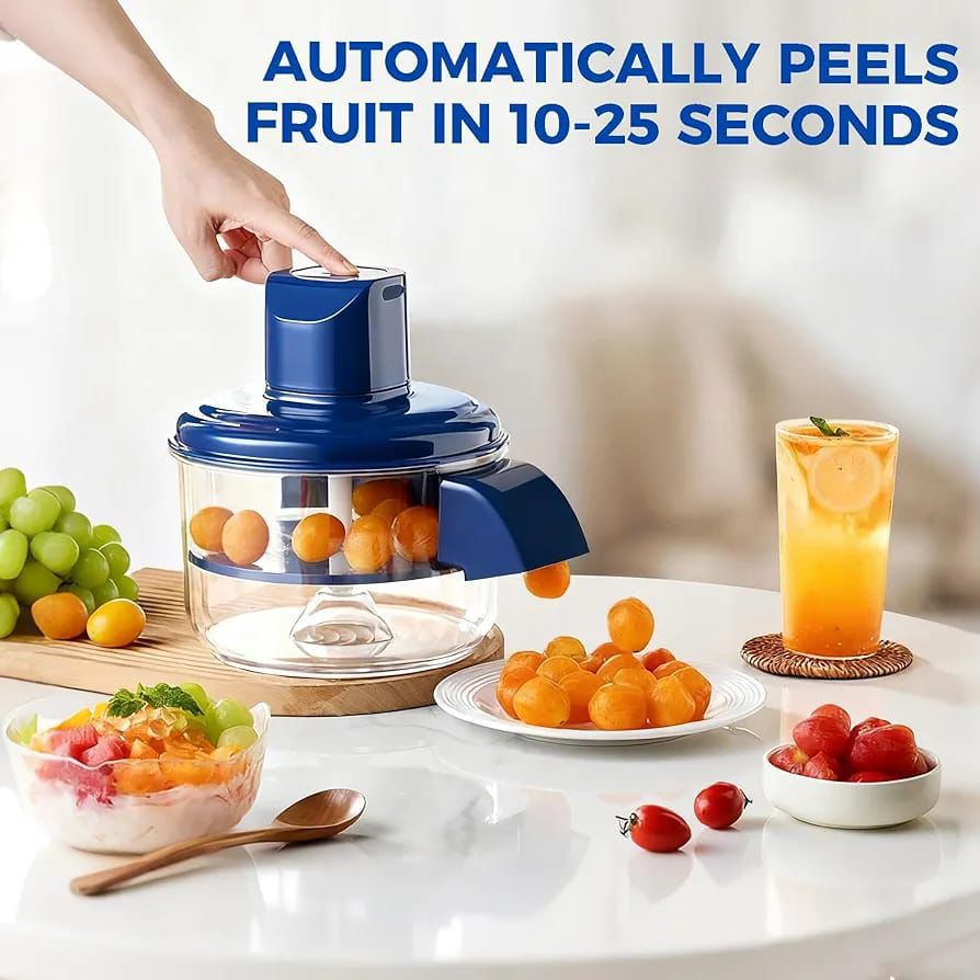 A hand pressing the start button on a blue automatic electric fruit peeler on a white table.