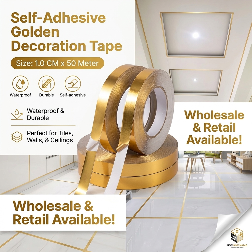 Premium Self-Adhesive Golden Decoration Tape (1.0CM × 50Meter) Waterproof Wall & Tile Styling Strip