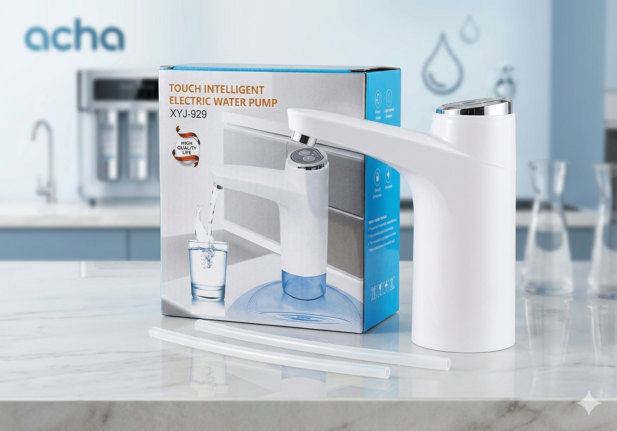 White electric water pump with packaging on a kitchen counter, featuring the brand 'acha'.