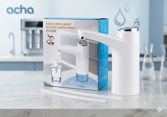 White electric water pump with packaging on a kitchen counter, featuring the brand 'acha'.