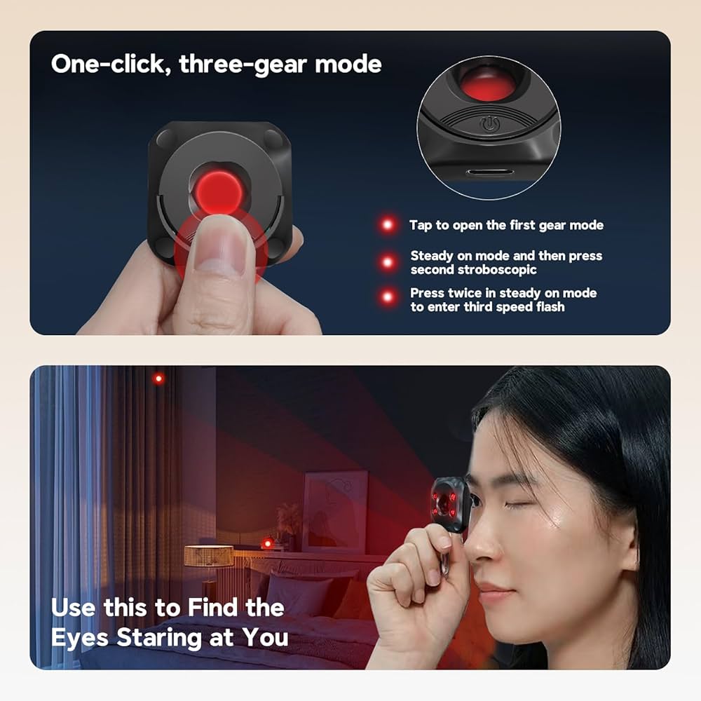 Infrared anti-spy device detecting hidden cameras inside a smoke alarm, TV set, and air conditioner unit