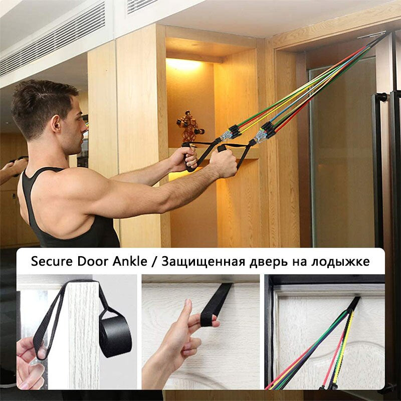 High-intensity home workout using stackable resistance bands for bicep curls.