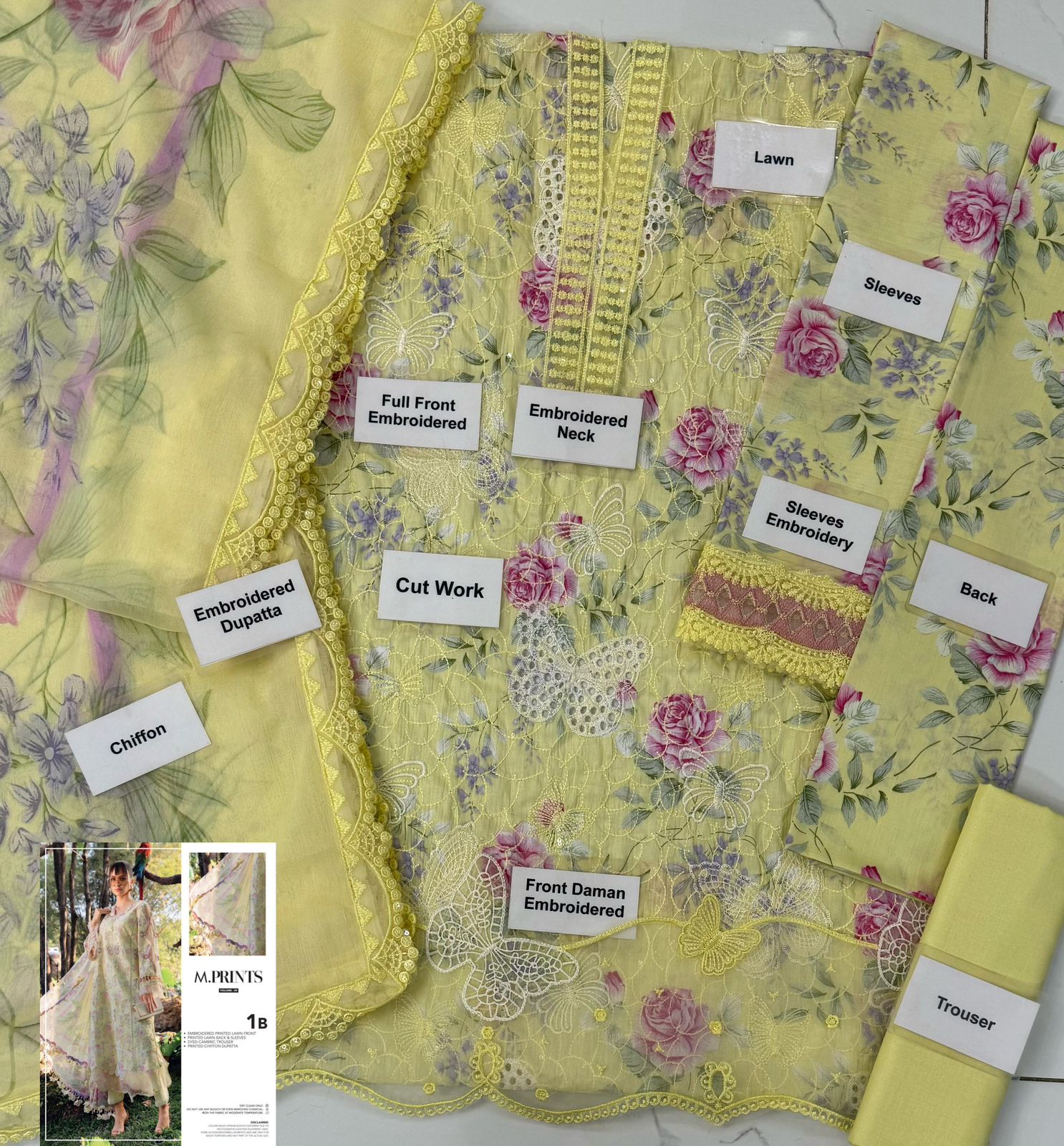 Maria B. luxury 3-piece unstitched suit in yellow with floral embroidery.