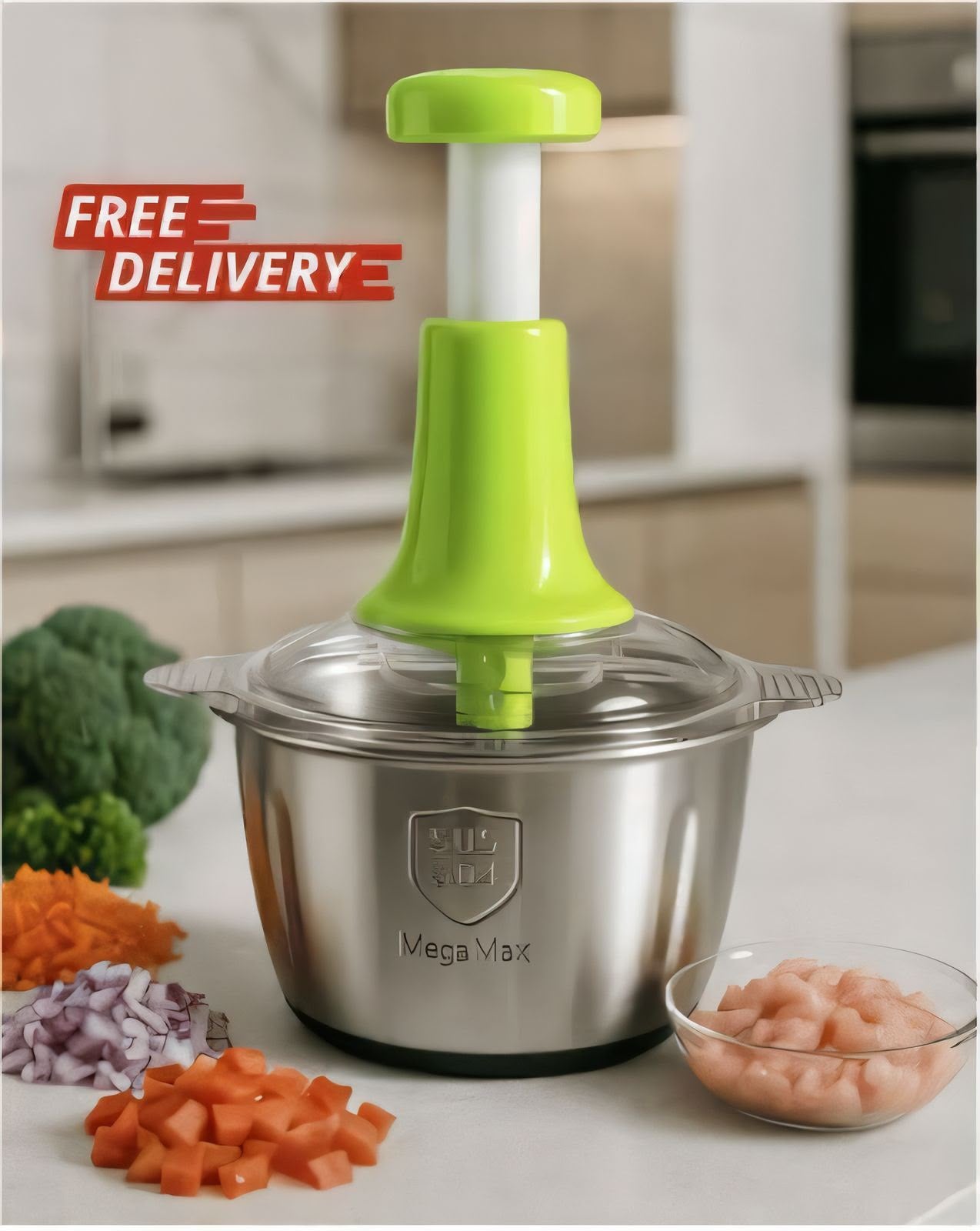 Vegetable chopper with chopped vegetables on a kitchen counter, featuring 'Mega Max' branding.
