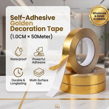 Gold decoration tape with features listed on a white background