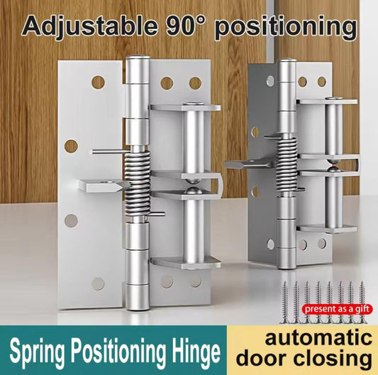 Automatic spring door closer hinge in stainless steel finish, close-up view.