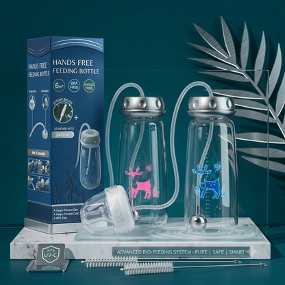 Hands free feeding bottle set with two clear glass bottles, silver caps, clear tubes, a blue box, a small clear bottle, cleaning brushes, and a marble display base on a dark teal background with decorative leaves.