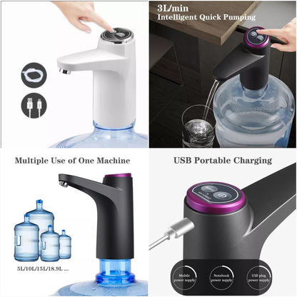 Collage of a water dispenser with various features highlighted, including multiple uses and USB charging.