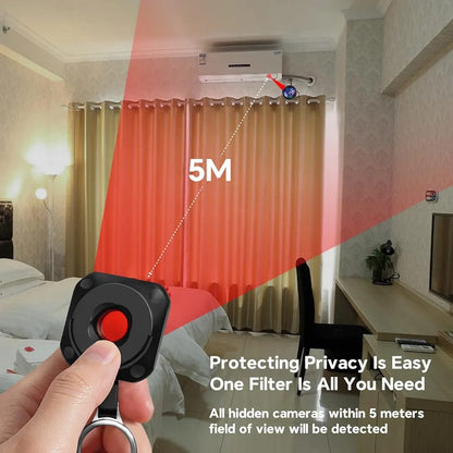 Portable infrared hidden camera detector showing red light scanning for pinhole lenses in hotel rooms and bathrooms