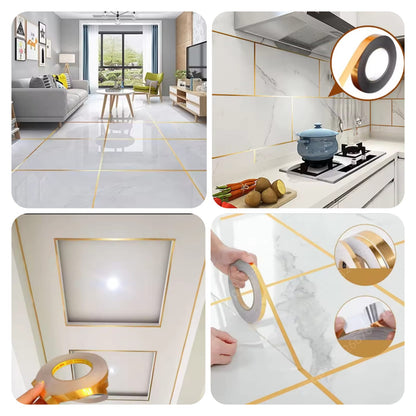 Collage of a room with white tiles, a kitchen with a stove, a ceiling with a light fixture, and a person applying tape.