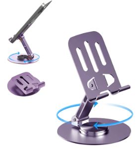 Compact folded metal phone stand demonstrating portability for travel.

Detail View: Close-up of hollow-out back design for heat dissipation on a metal desktop stand.