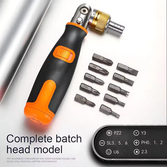 Close-up showing the ratchet screwdriver pivoting to reach a screw in a tight engine compartment.