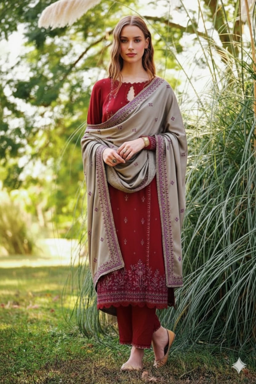 Deep red embroidered 3-piece designer suit with contrasting pashmina shawl.