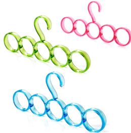 Dimension diagram of a pink 5-ring multi-functional storage hanger.