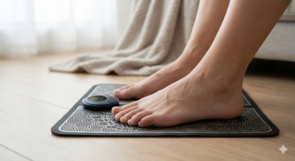 Person standing on a black foldable EMS foot massage mat with reflexology patterns and a blue control unit.
