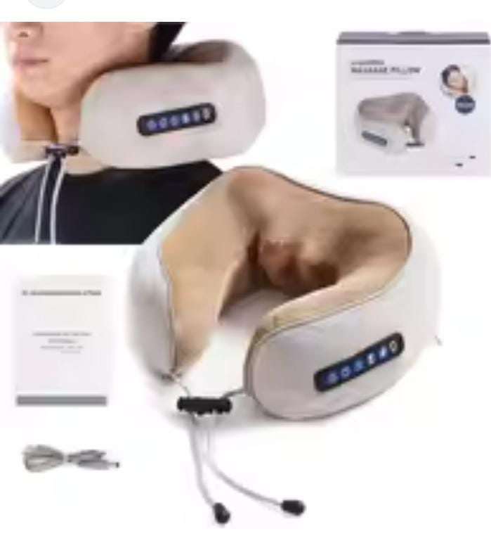 Person wearing a portable memory foam neck massager for travel comfort.