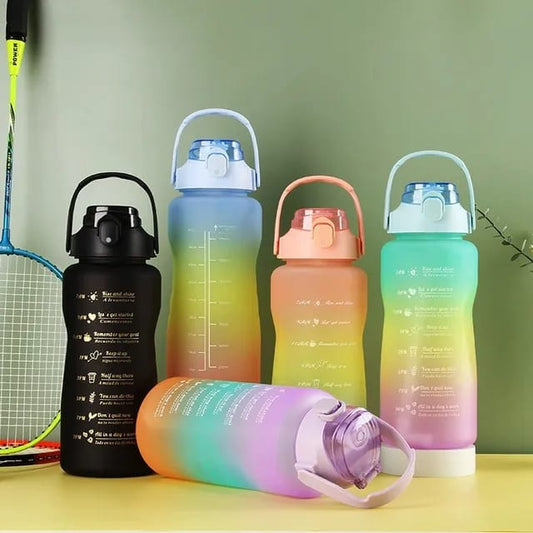 Close-up of the time markers and motivational quotes on a frosted black water bottle.