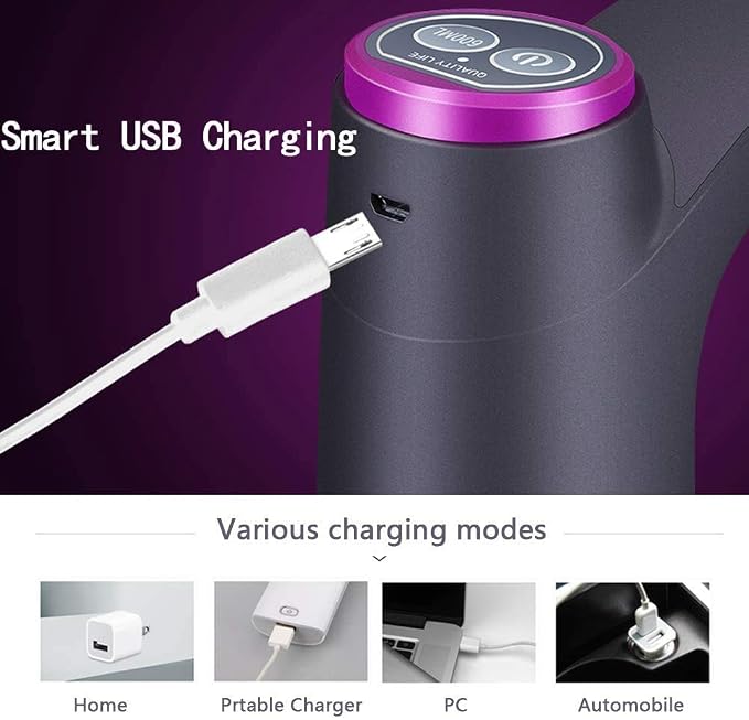Smart USB charging device with a purple top and white cable on a water dispenser pump