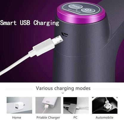 Smart USB charging device with a purple top and white cable on a water dispenser pump
